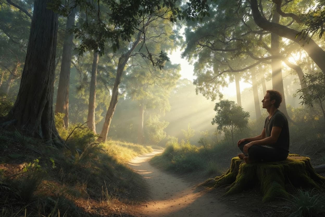 A person sits calmly on a mossy tree stump in a misty dawn forest, breathing slowly as sunlight streams through the trees beside a winding path.