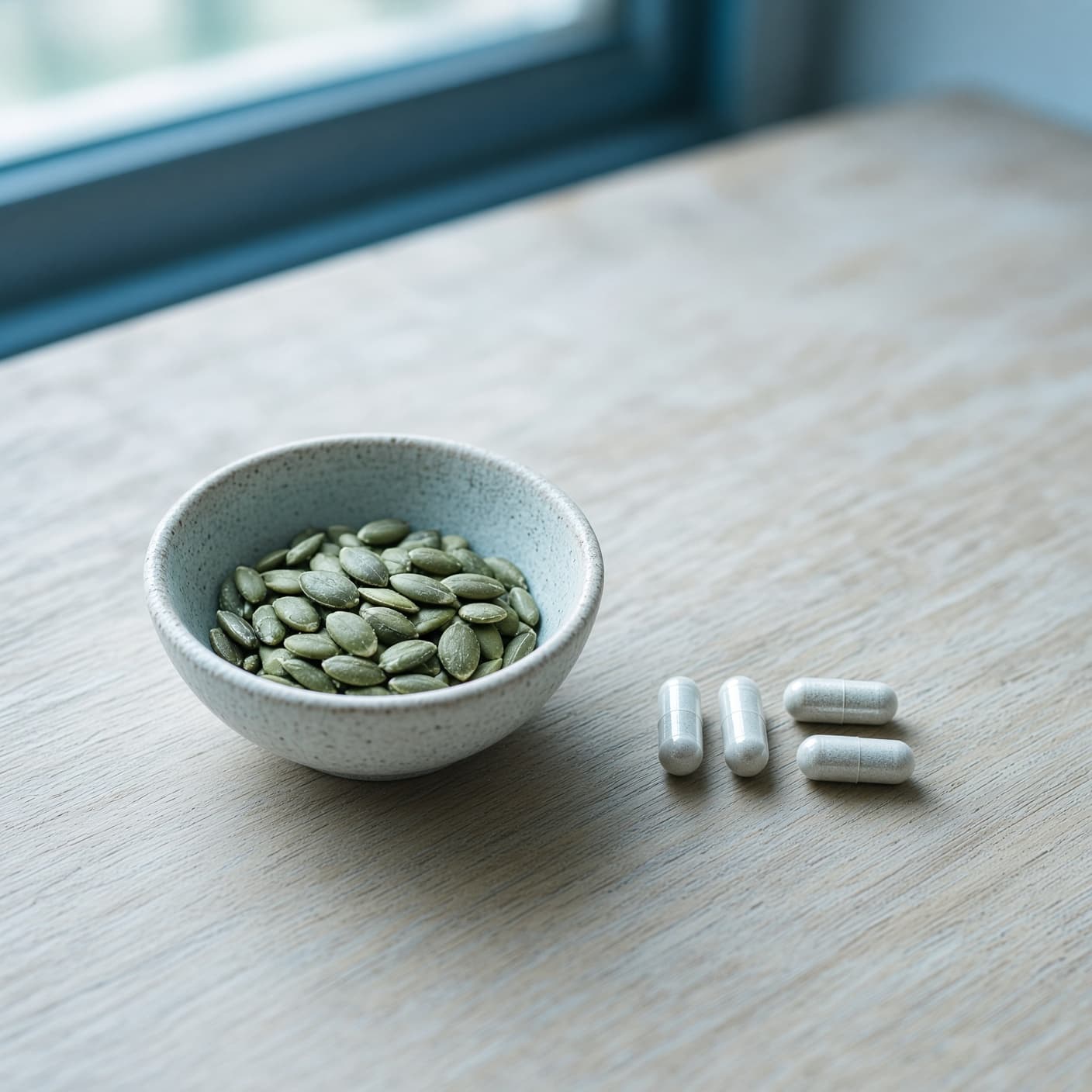 A bowl of pumpkin seeds beside four capsules on a wooden table in daylight.