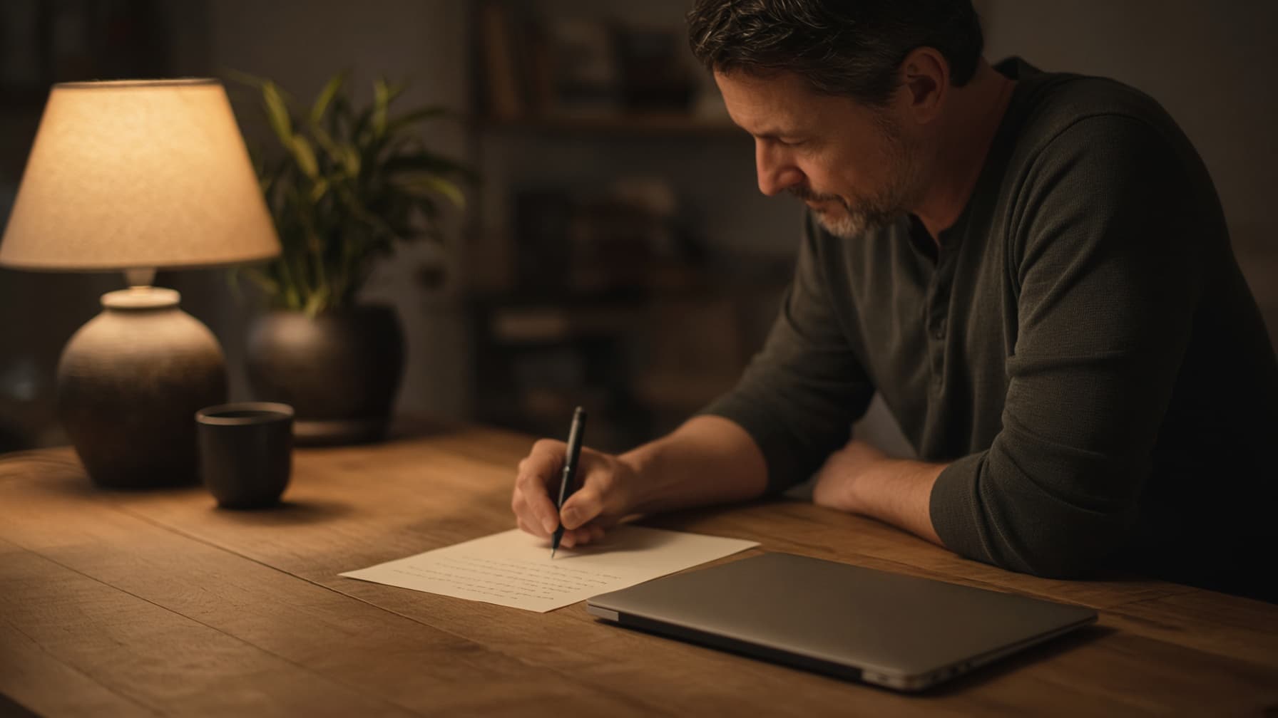 A hand writes on a sheet of paper beside a closed laptop at a plain wooden desk, in warm lamplight.